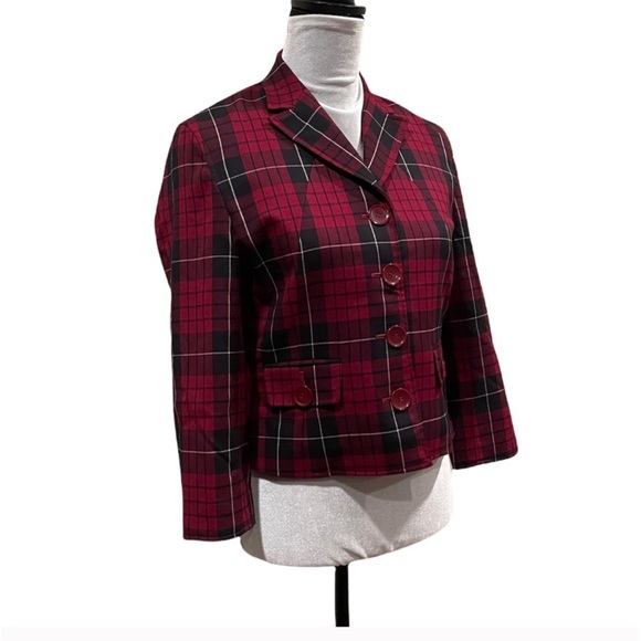 The Limited tartan plaid print button front red black blazer 3/4 sleeve size 6 - Picture 2 of 11